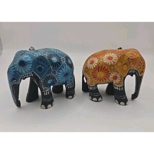 Vintage Hand Painted Wooden Elephant Figurine House Decor : Set Of 2